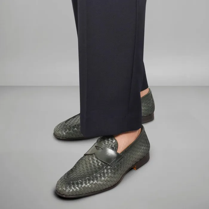 Santoni Green Woven Leather Loafer Men Loafers