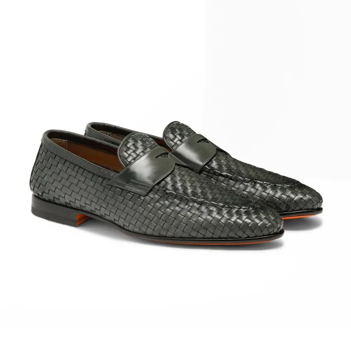 Santoni Green Woven Leather Loafer Men Loafers