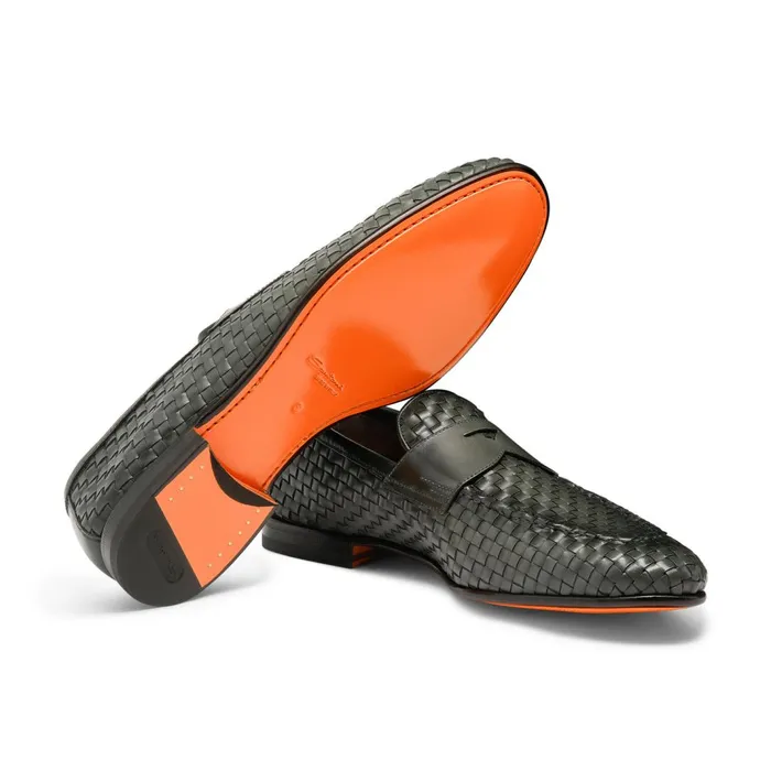 Santoni Green Woven Leather Loafer Men Loafers