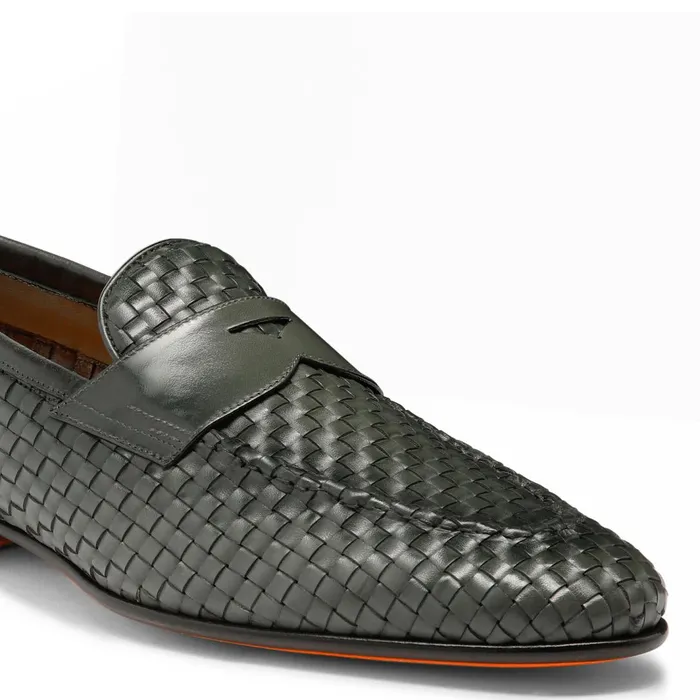 Santoni Green Woven Leather Loafer Men Loafers