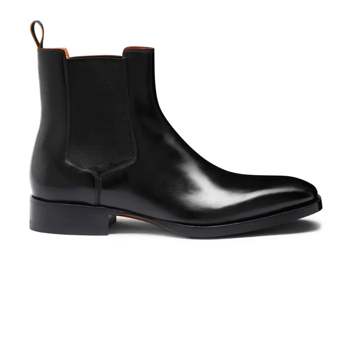 Santoni Polished Black Leather Chelsea Boot Men Boots