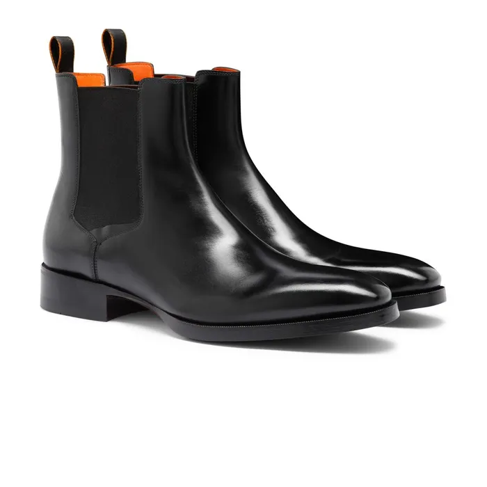 Santoni Polished Black Leather Chelsea Boot Men Boots