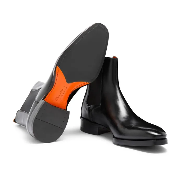 Santoni Polished Black Leather Chelsea Boot Men Boots