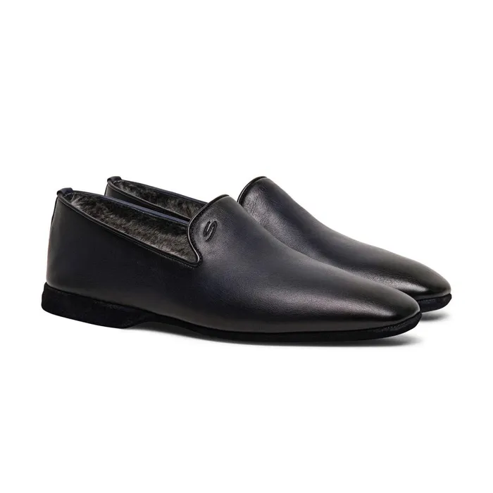Santoni Polished Blue Leather Slipper Men Slippers