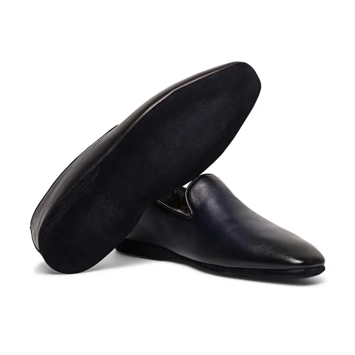 Santoni Polished Blue Leather Slipper Men Slippers