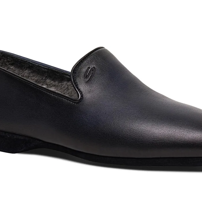 Santoni Polished Blue Leather Slipper Men Slippers