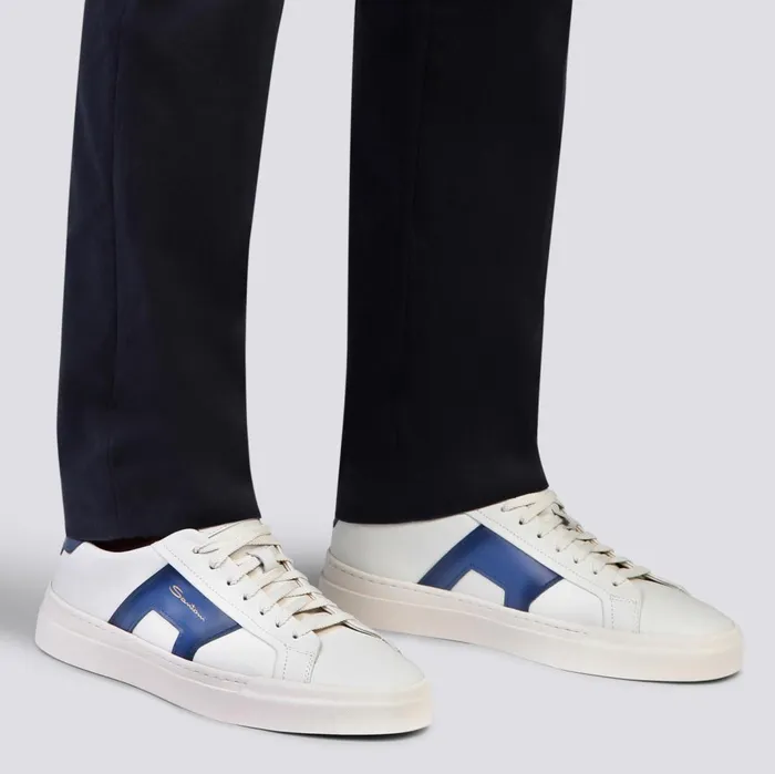 Santoni White And Blue Leather Double Buckle Sneaker Men Sneakers