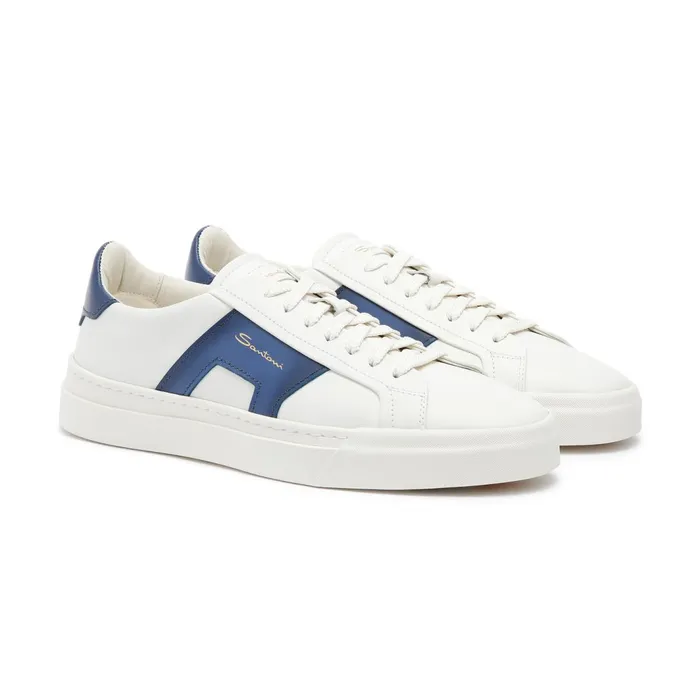Santoni White And Blue Leather Double Buckle Sneaker Men Sneakers