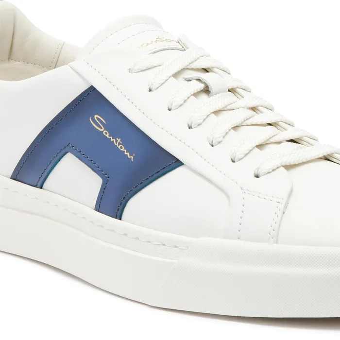 Santoni White And Blue Leather Double Buckle Sneaker Men Sneakers