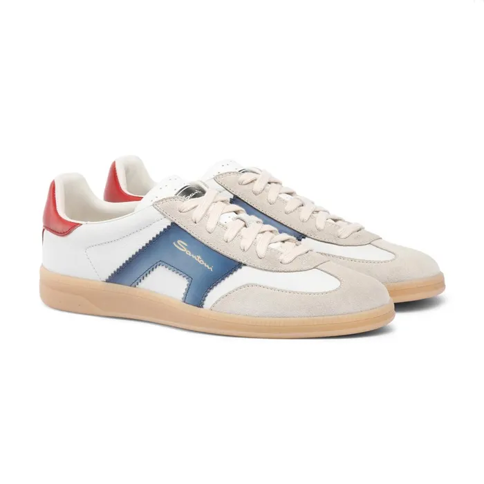 Santoni White Red Blue And Beige Leather And Suede Dbs Oly Sneaker Men Sneakers