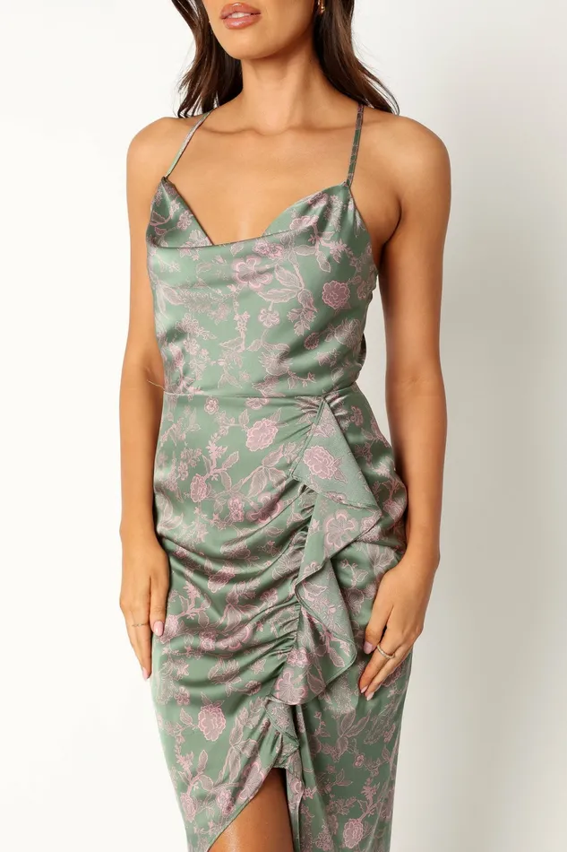 Satin Dresses Petal and Pup Women Mackenzie Midi Dress Green Print