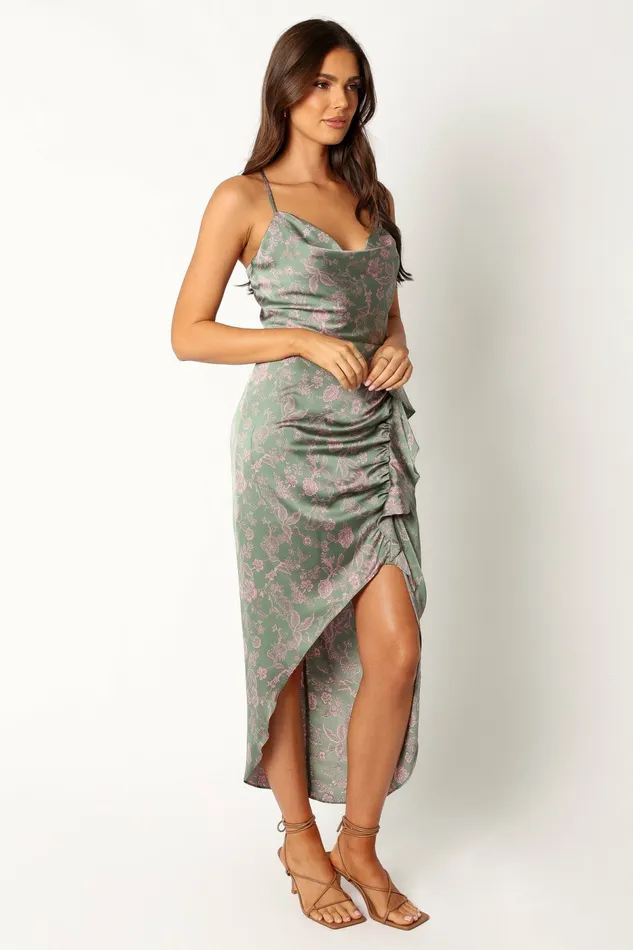 Satin Dresses Petal and Pup Women Mackenzie Midi Dress Green Print