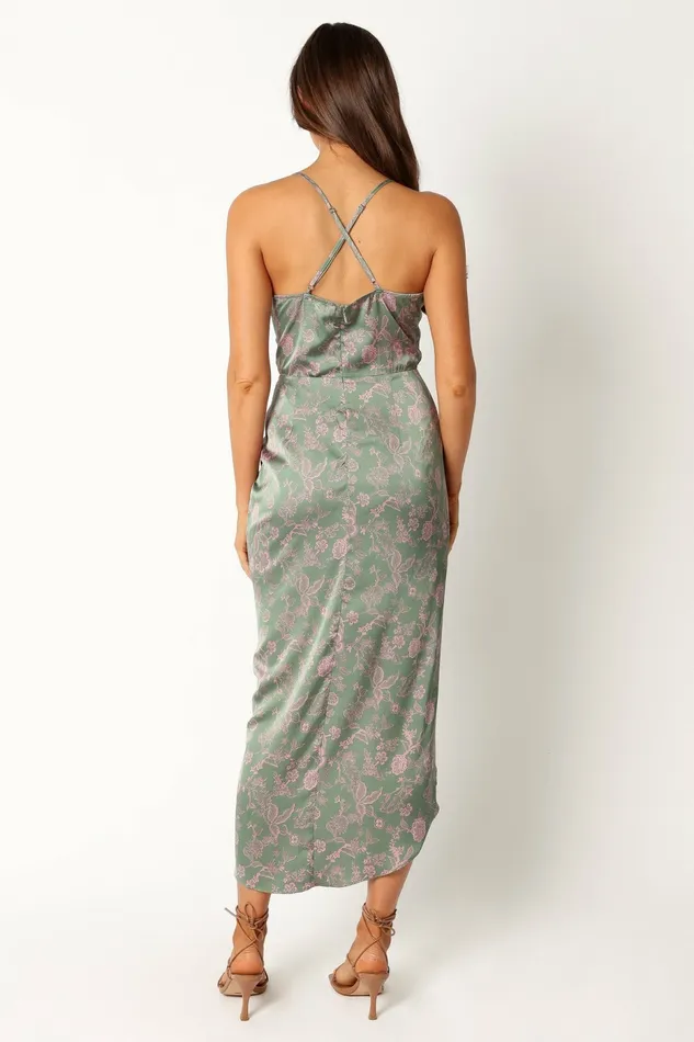 Satin Dresses Petal and Pup Women Mackenzie Midi Dress Green Print