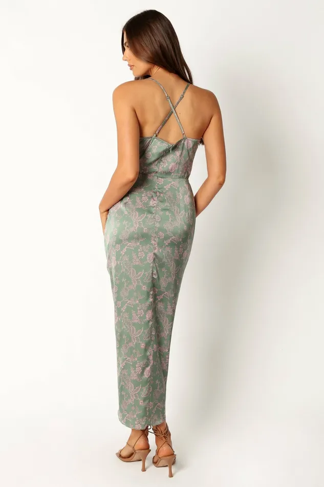 Satin Dresses Petal and Pup Women Mackenzie Midi Dress Green Print