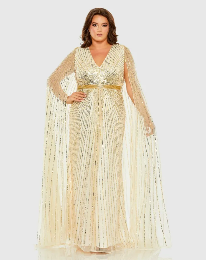 Sequined VNeck Dress with Cape Sleeves Nude Plus Size Dresses Mac Duggal Women Sequined VNeck Dress with Cape Sleeves Nude Plus Size Dresses Mac Duggal Women
