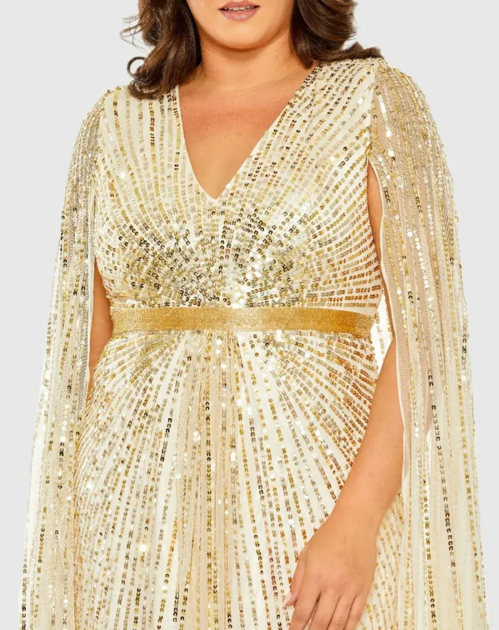 Sequined VNeck Dress with Cape Sleeves Nude Plus Size Dresses Mac Duggal Women Sequined VNeck Dress with Cape Sleeves Nude Plus Size Dresses Mac Duggal Women