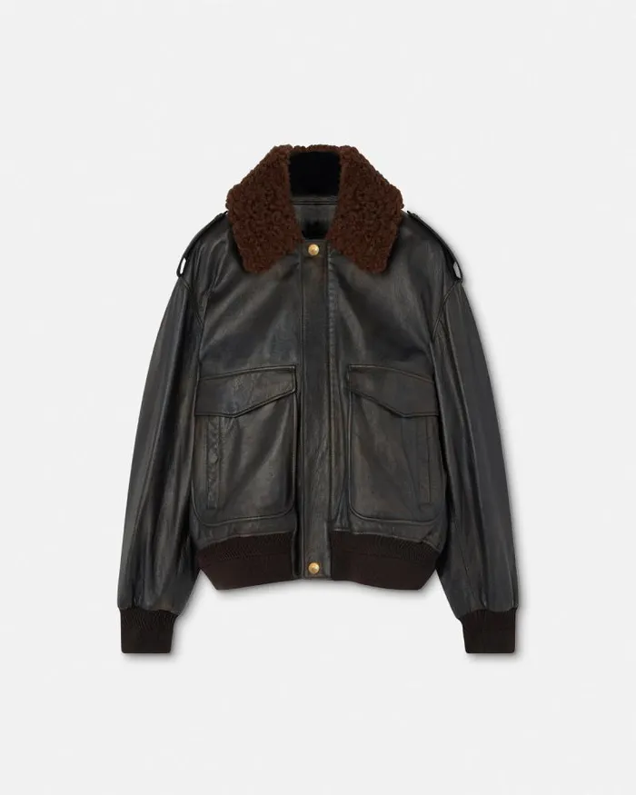 ShearlingCollar Leather Bomber Jacket Black Men Versace Jackets and Coats