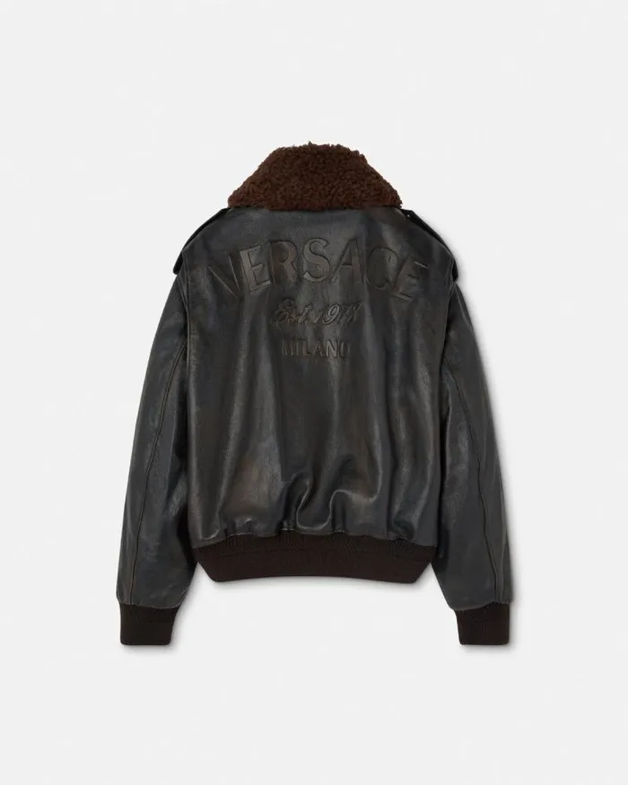 ShearlingCollar Leather Bomber Jacket Black Men Versace Jackets and Coats