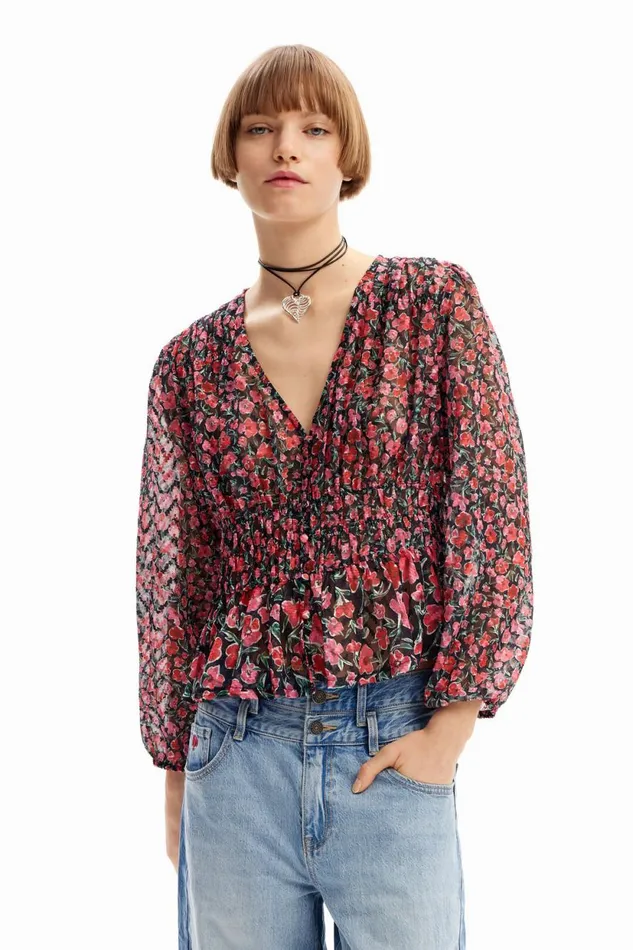 Shirts And Blouses Women Desigual Floral Plumetis Blouse Black