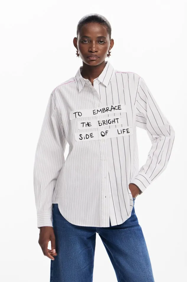 Shirts And Blouses Women Desigual Striped Shirt With Phrase White