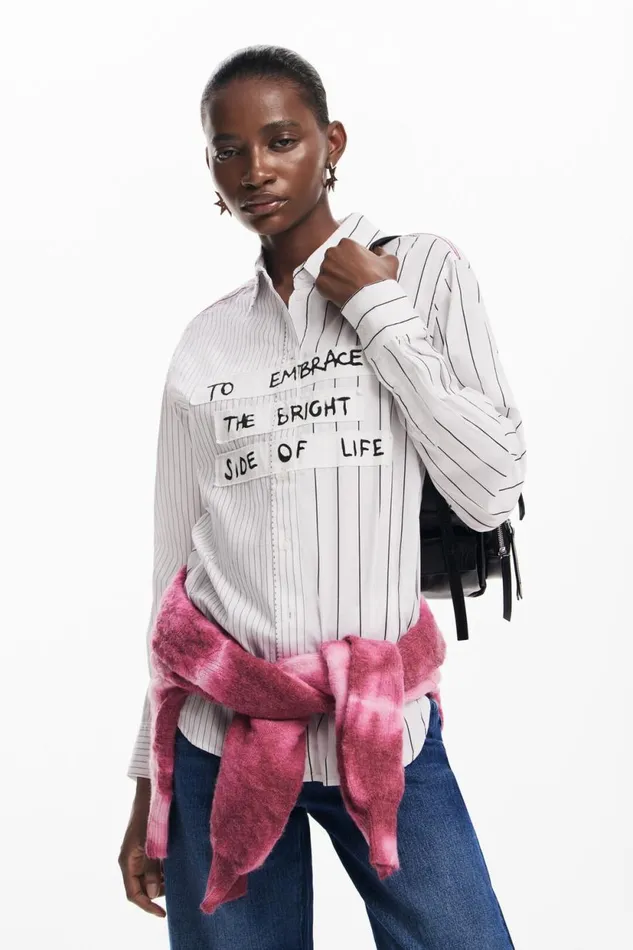 Shirts And Blouses Women Desigual Striped Shirt With Phrase White