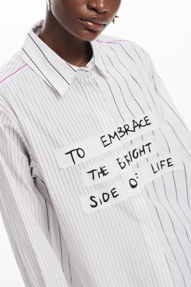 Shirts And Blouses Women Desigual Striped Shirt With Phrase White