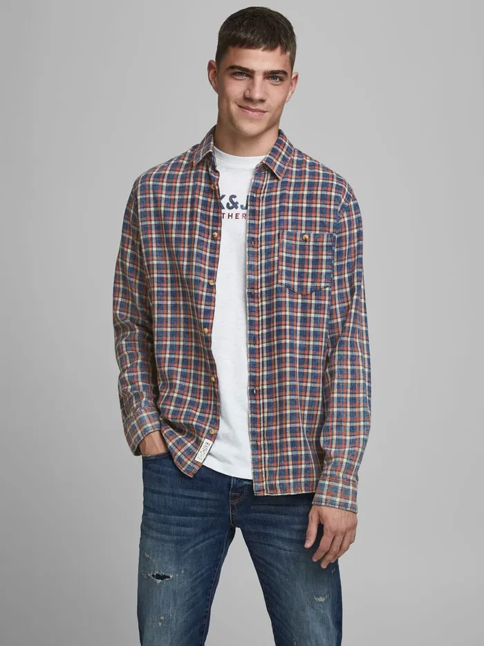 Shirts JACK and JONES Mens CHECKED COMFORT FIT SHIRT Blue Burnt Ochre For Sale Shirts JACK and JONES Mens CHECKED COMFORT FIT SHIRT Blue Burnt Ochre For Sale