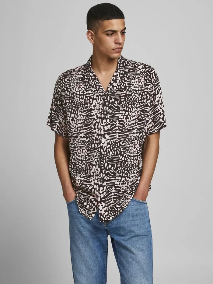 Shirts JACK and JONES Mens PRINTED RESORT SHORT SLEEVED SHIRT Black Tap Shoe Online
