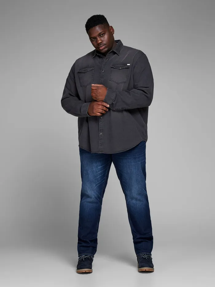 Shirts JACK and JONES Mens WESTERN STYLE PLUS SIZE SHIRT Grey Black Denim On Sale