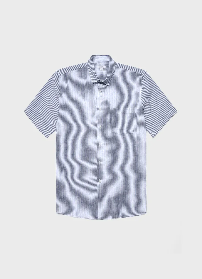 Shirts Short Sleeve Linen Shirt NavyWhite Stripe 8211 ussunspel Men