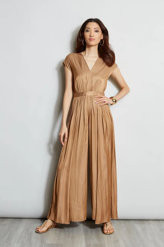 Short Sleeve Dresses Women Elie Tahari Pleated VNeck Jumpsuit Bronze