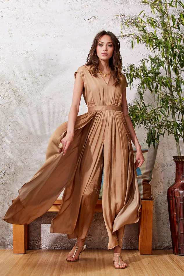 Short Sleeve Dresses Women Elie Tahari Pleated VNeck Jumpsuit Bronze