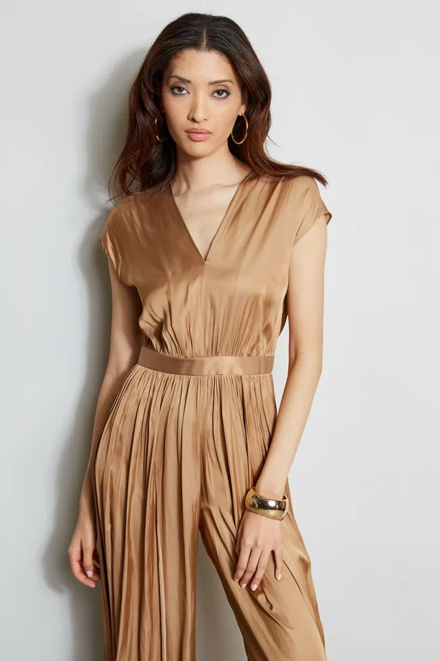 Short Sleeve Dresses Women Elie Tahari Pleated VNeck Jumpsuit Bronze