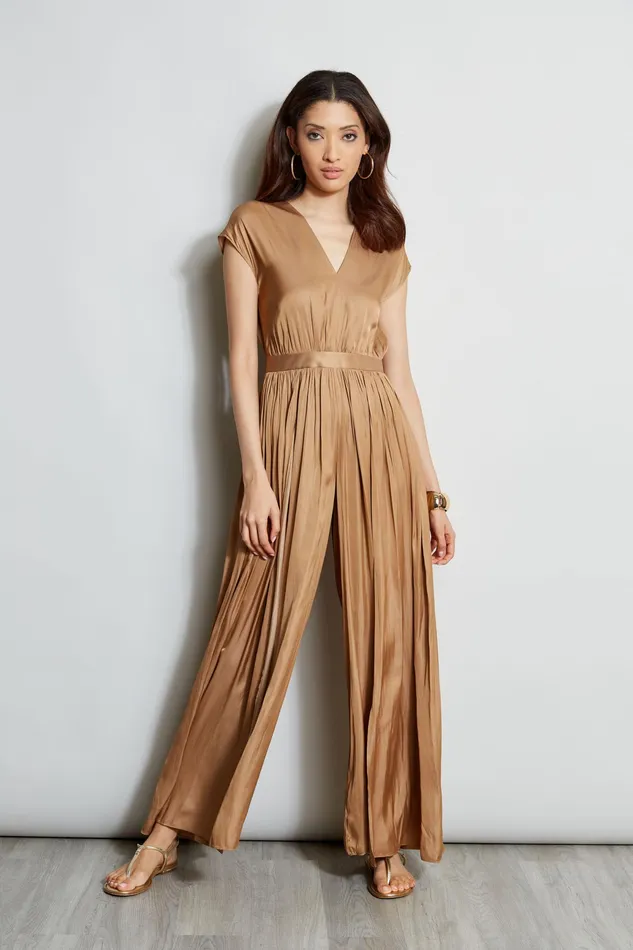Short Sleeve Dresses Women Elie Tahari Pleated VNeck Jumpsuit Bronze