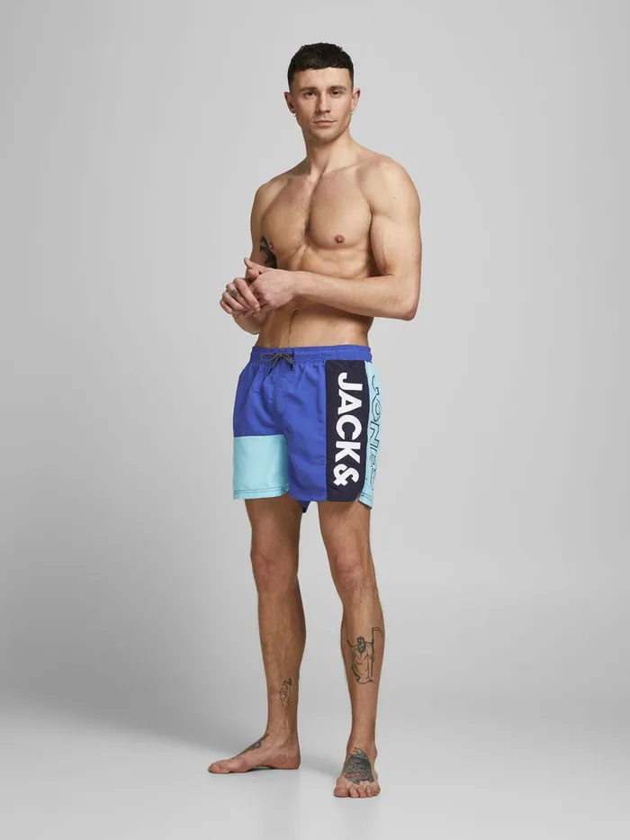 Shorts JACK and JONES Mens COLOUR BLOCK RECYCLED POLYESTER SWIM SHORTS Blue Surf the Web On Sale