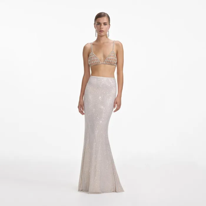 Silver Rhinestone Mesh Maxi Skirt Women Self Portrait Bottoms