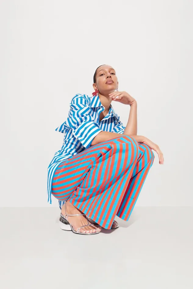Simon Miller Bottoms Women Pia Striped Poplin Pant In BluePaprika Stripe Cotton Simon Miller Bottoms Women Pia Striped Poplin Pant In BluePaprika Stripe Cotton