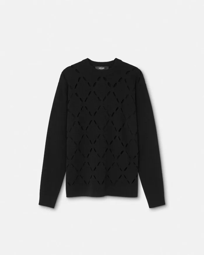 Slashed Merino Wool Knit Sweater Black Men Versace Knitwear