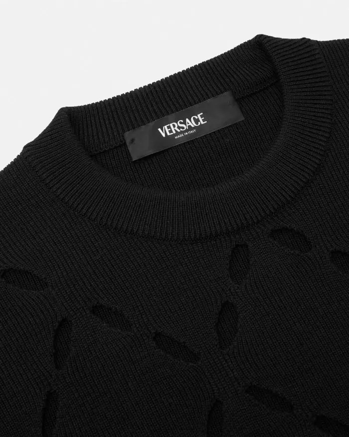 Slashed Merino Wool Knit Sweater Black Men Versace Knitwear