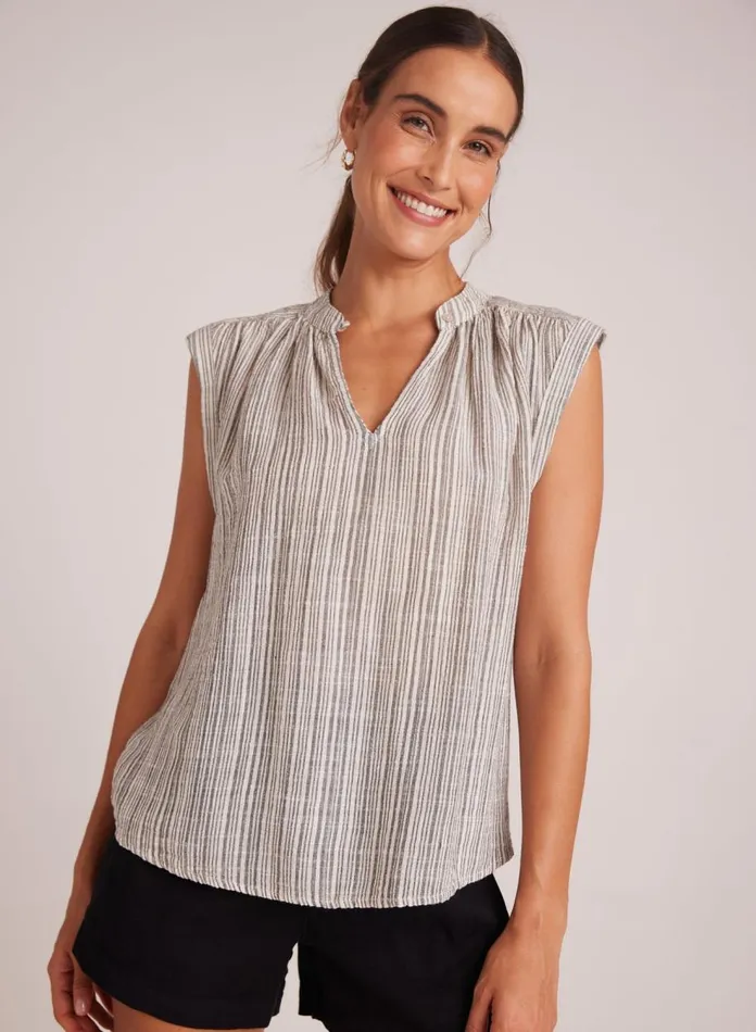 Sleeveless Women Bella Dahl Shirred Pullover Cap Sleeve 8211 Eze Slub Stripe