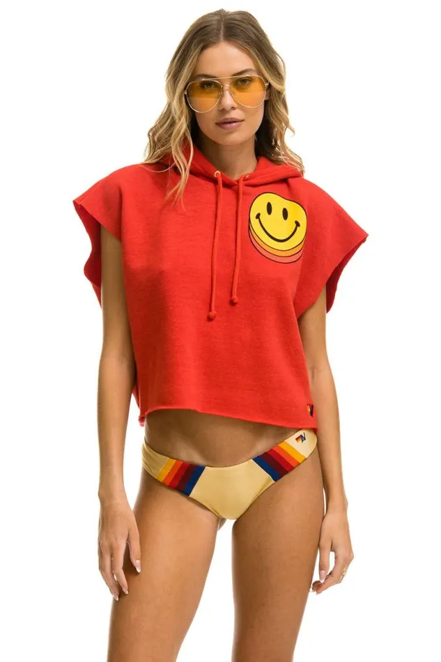Smiley Sunset Sleeveless Relaxed Cropped Pullover Hoodie 8211 Red Women Aviator Nation Hoodies