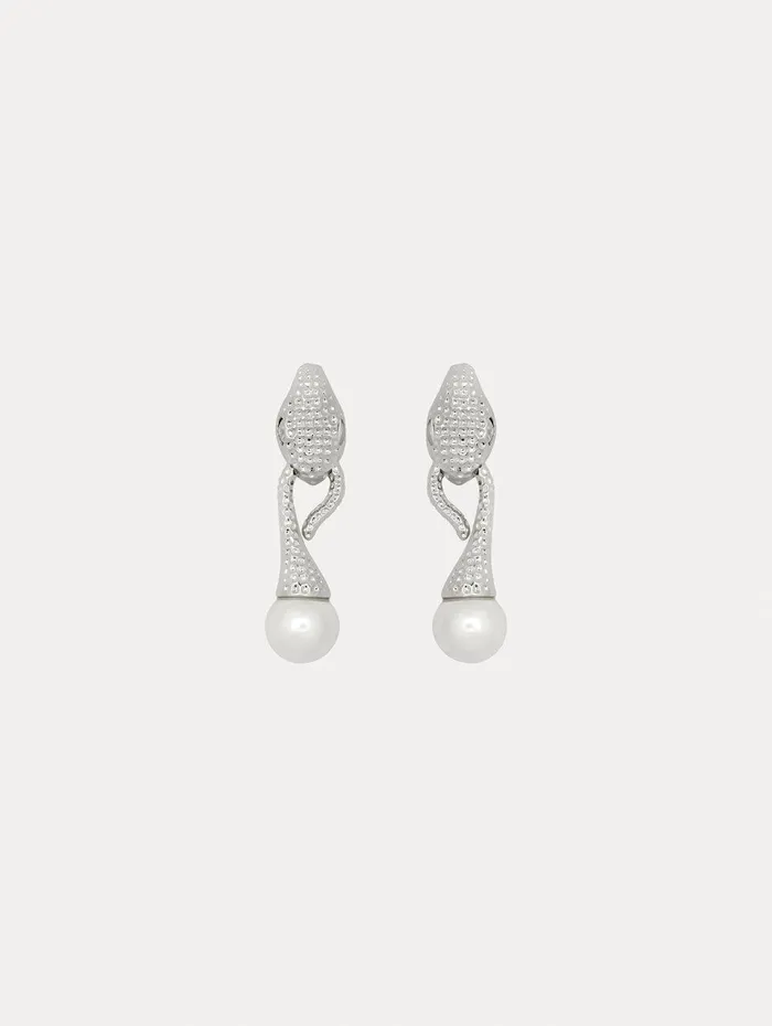 Snake Pearl Drop ClipOn Earrings Silver Women Oscar De La Renta Earrings