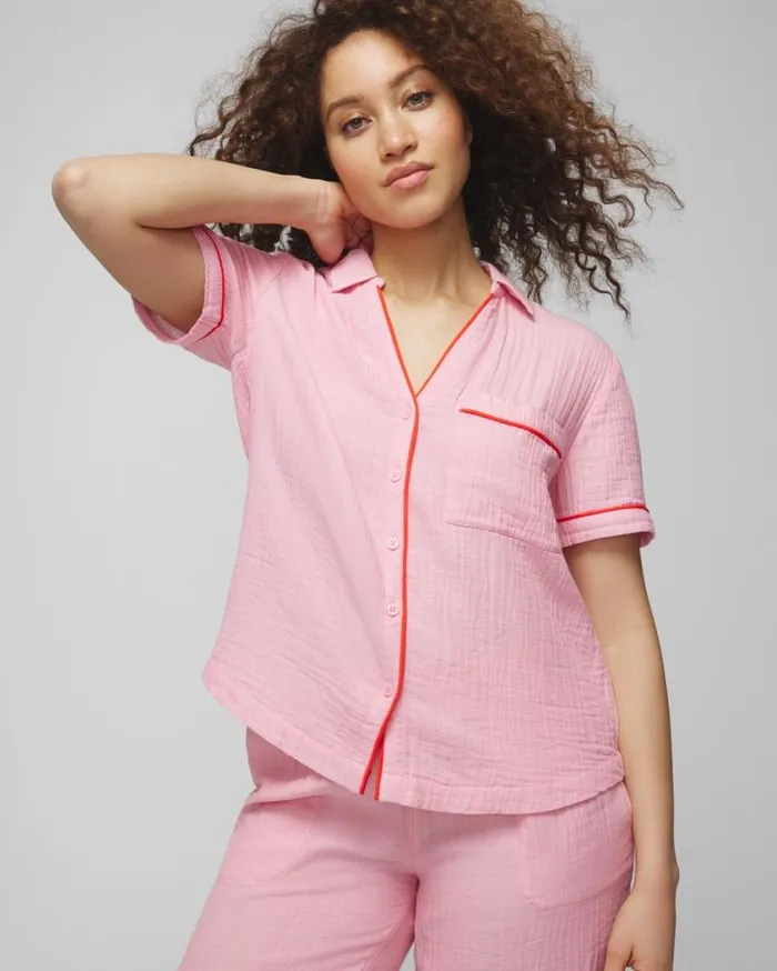 Soma Cotton Gauze ShortSleeve Notch Collar Dbl Cloth Bw Stripe Women Matching Sets and Separates Soma Cotton Gauze ShortSleeve Notch Collar Dbl Cloth Bw Stripe Women Matching Sets and Separates
