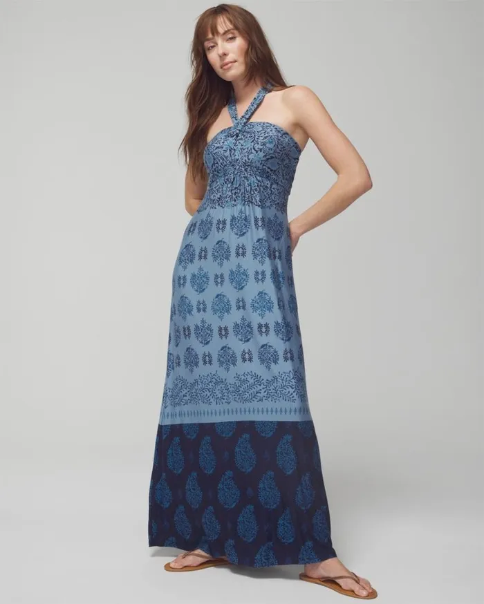 Soma Soft Jersey Halter Maxi Bra Dress Bella Stamp Border Blue Women Long Dresses Soma Soft Jersey Halter Maxi Bra Dress Bella Stamp Border Blue Women Long Dresses