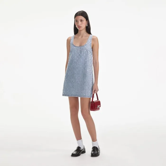 Square Rhinestone Denim Mini Dress Women Self Portrait Dresses Square Rhinestone Denim Mini Dress Women Self Portrait Dresses