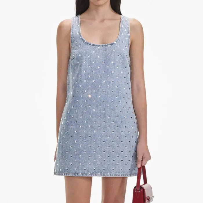 Square Rhinestone Denim Mini Dress Women Self Portrait Dresses Square Rhinestone Denim Mini Dress Women Self Portrait Dresses