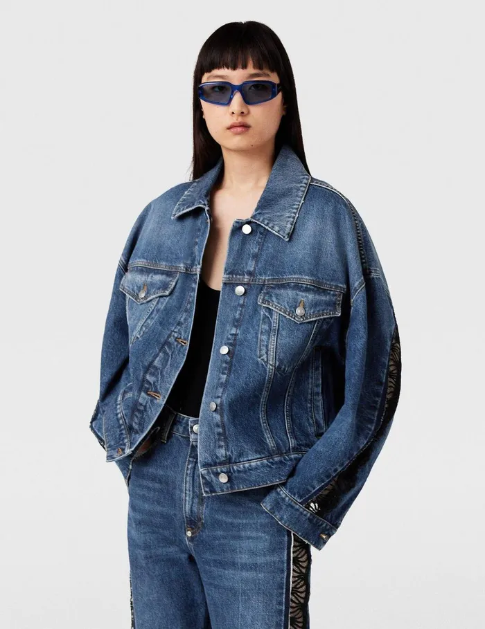 Stella McCartney Denim Women LaceInsert Denim Jacket Vintage Wash Blue Denim Stella McCartney Denim Women LaceInsert Denim Jacket Vintage Wash Blue Denim