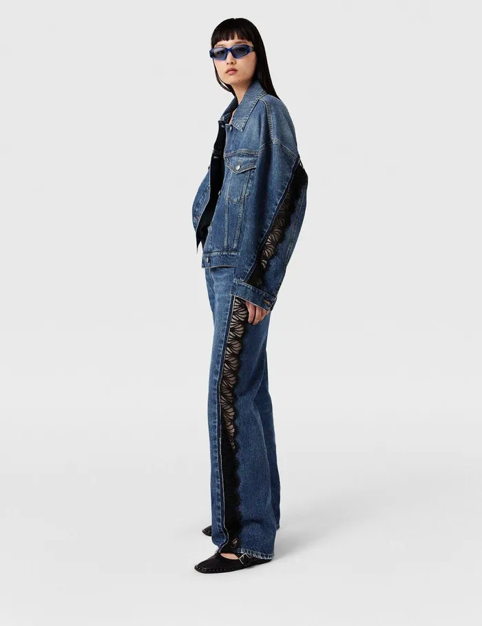 Stella McCartney Denim Women LaceInsert Denim Jacket Vintage Wash Blue Denim Stella McCartney Denim Women LaceInsert Denim Jacket Vintage Wash Blue Denim