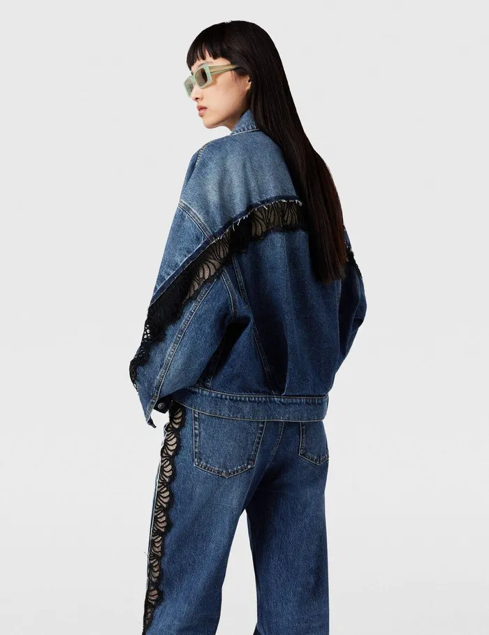 Stella McCartney Denim Women LaceInsert Denim Jacket Vintage Wash Blue Denim Stella McCartney Denim Women LaceInsert Denim Jacket Vintage Wash Blue Denim