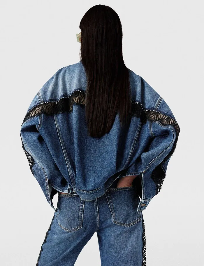 Stella McCartney Denim Women LaceInsert Denim Jacket Vintage Wash Blue Denim Stella McCartney Denim Women LaceInsert Denim Jacket Vintage Wash Blue Denim